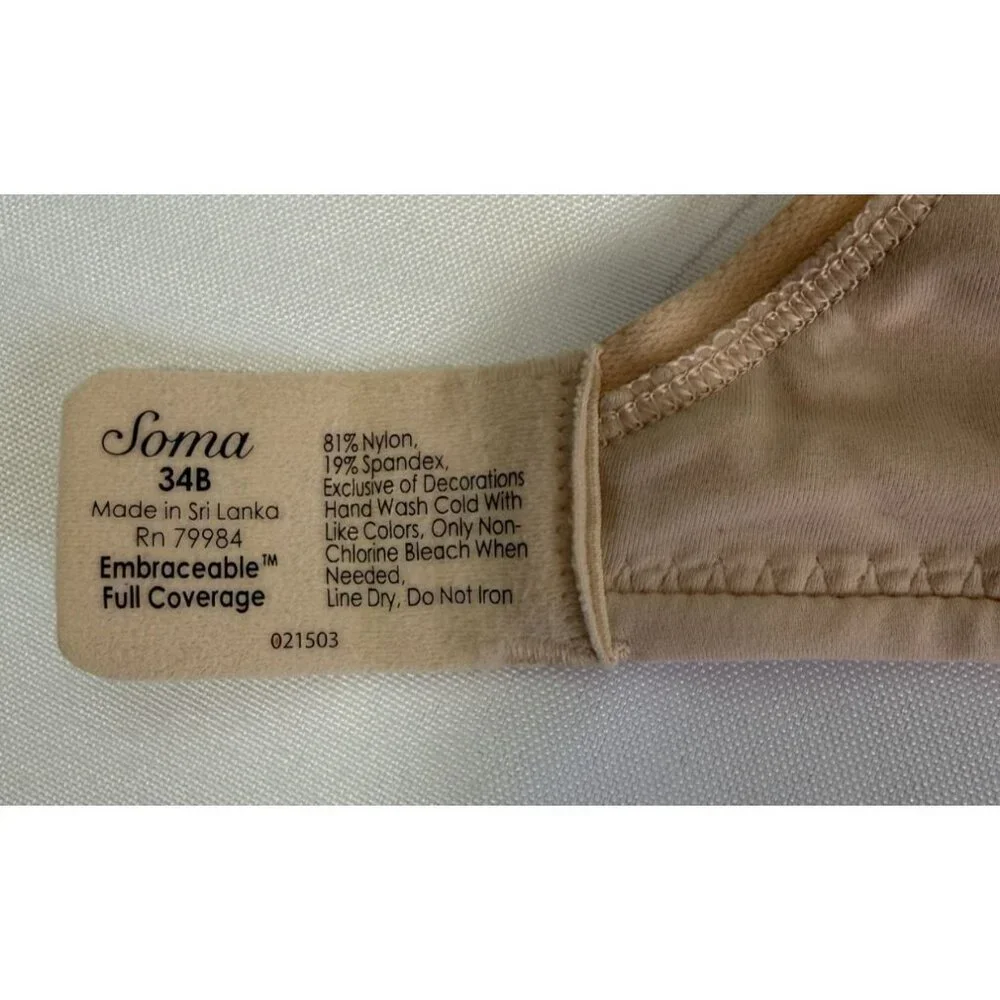 Soma Embraceable‎ Full Coverage Bra 34B Wired Lightly Padded Adjustable Straps